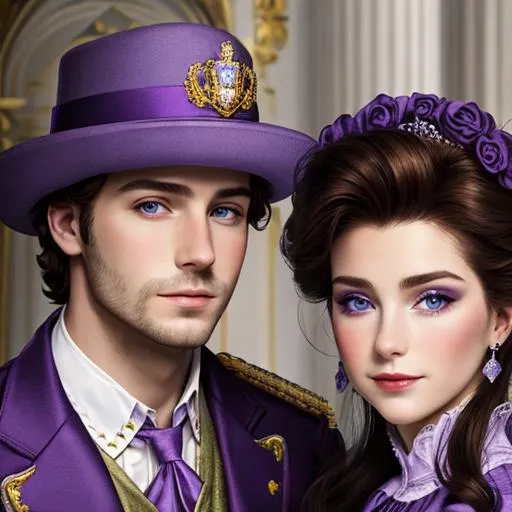 Prompt: European prince and princess wearing purple, facial closeup