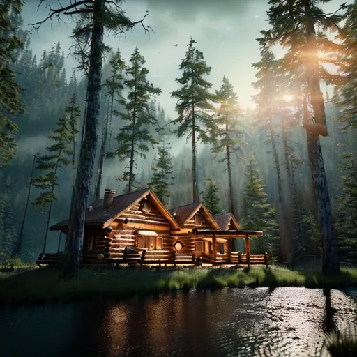 Prompt: a world ending seen from a cabin lodge in the forest
