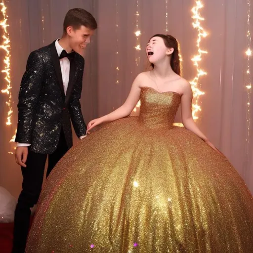 Prompt: 16 year old girl amazed as a big red super puffy and sparkly ball gown appears on her as gold sparkly magic flys all around her