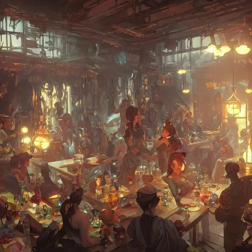 Prompt: smoky, dim internal of a tavern in a fantasy city, colorful, social realism, highly detailed, digital painting, artstation, concept art, matte, sharp focus, illustration, art by artgerm and greg rutkowski and alphonse mucha