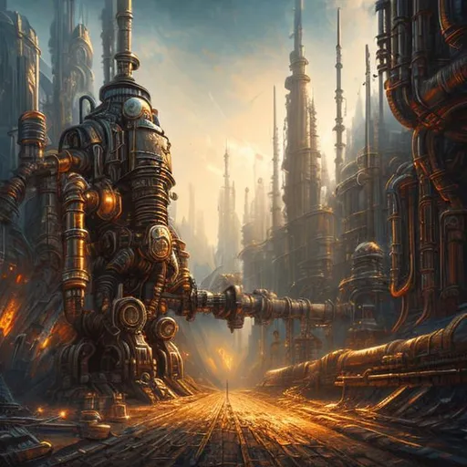 Prompt: Fantasy art style, painting, metal, chrome, Evil, redwood tree, biological mechanical, dystopian, war machine, pipes, robot, cityscape 