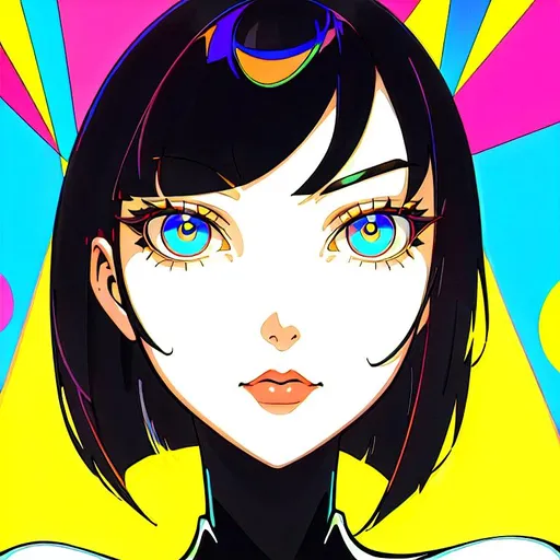Prompt: a lonely AI girl, very tall, thick thighs, wide hips, long legs, slender arms, slender waist, big beautiful symmetrical eyes, intriguingly beautiful face, aloof expression, bob haircut with bangs, Pop Art art style, 12K resolution, hyper quality, hyper-detailed, depth of field