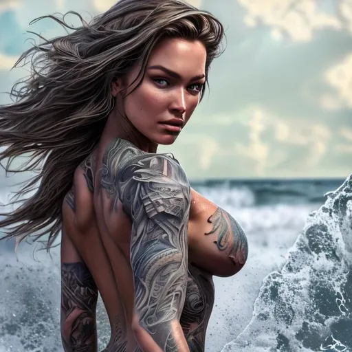 Prompt: (extremely detailed) (hyper realistic) (sharp detailed) (cinematic shot) (masterpiece)woman beach posing, centered,extremely fullbody detailed, extremely face detailed, tattooed body, fullbody view, extraordinary shot,mountains,modeling poses, clouds, stunning beauty, 3D illustration, high resolution, reflactions.