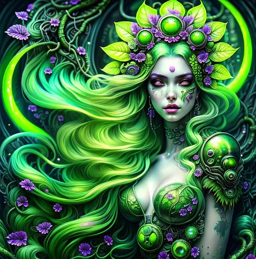 Prompt: Beautiful Poison goddess covered in uranium with detailed green features in a vat of acid with illuminating drops, biohazard; by anna dittmann, floradriel, digital painting, extreme detail, 120k, ultra hd, hyper detailed, toxic, wlop, digital painting, bright green body, covered in Ivy dress, anime character, background digital painting, digital illustration, extreme detail, digital art, ultra hd, vintage photography, beautiful, aesthetic, style, hd photography, hyperrealism, extreme long shot, telephoto lens, motion blur, wide angle lens, sweet,