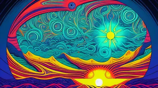 Prompt: Hypnotic illustration of a sun and sea, hypnotic psychedelic art by Dan Mumford, pop surrealism, dark glow neon paint, mystical, Behance
