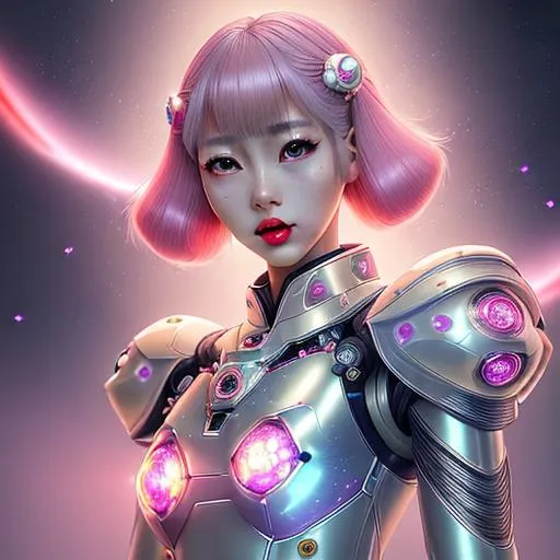 Prompt: Japanese Female,soft lighting,concept art, digital,feminine 
,hyperrealistic, futuristic, technology,technology, robotic,fantasy,texture,mystical,ethereal,shiny, galaxy,kawaii, Harajuku,glowing,pearlescent,leather outfit,metallic,crystalline,stones, ,full lips, red lips, destiny style, Japanese style
4K, 16K, picture quality, high quality, highly detailed, hyper-realism,spotlights, stage light,