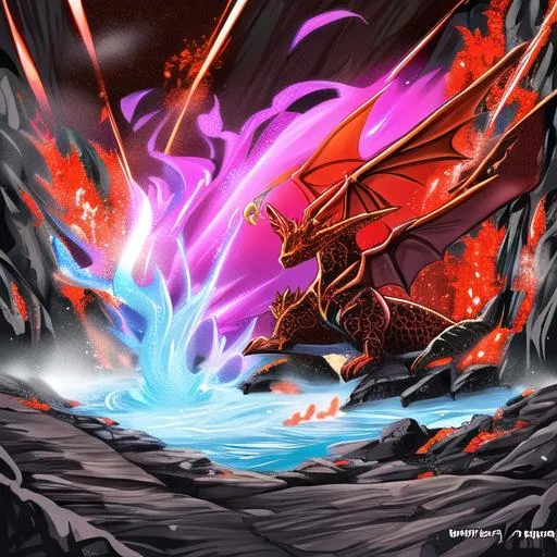 Prompt: A lava dragon/ Earth dragon using it's lava Spirit attack inside of a cave that has lots of lava in it