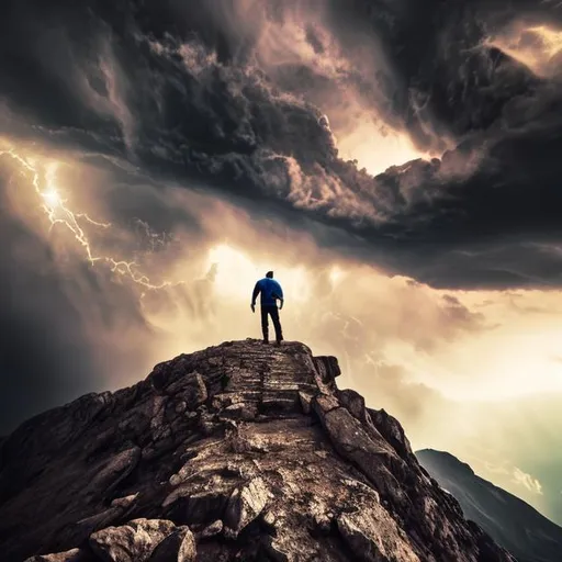 Prompt: Man ascending into the heavens. Epic dramatic sky and scene