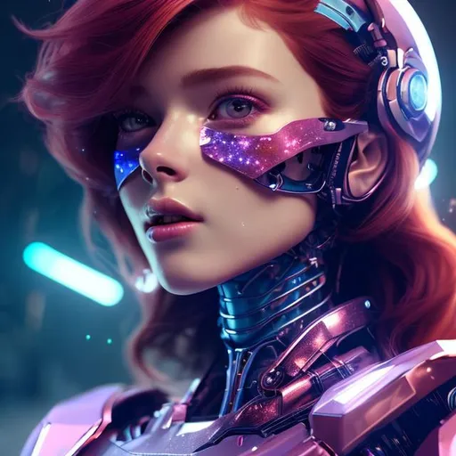 Prompt: a beautiful robot red head woman, feminine look, soft skin, retro like, octane rendered 4k, hyperrealism, highly detailed, futuristic look, cinema 4k, lots of details, blue and purple background with stars, epic look, portrait --ar 9:16