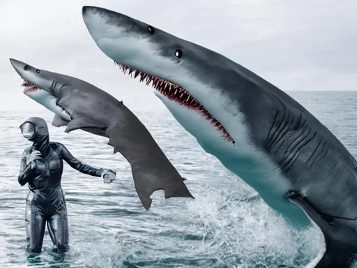 Prompt: the shark's funeral scared man devoured by shark in gray latex outfit in colors