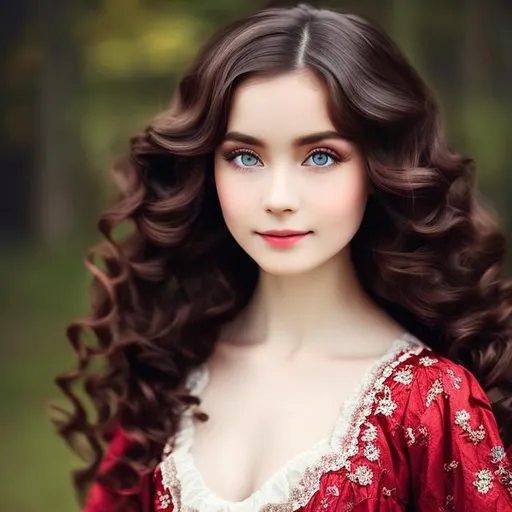 Prompt: Woman Dark brown long hair, with pale skin,blue eyes, with 30 years, side of a ,little girl, red curly hair,18th century aesthetic