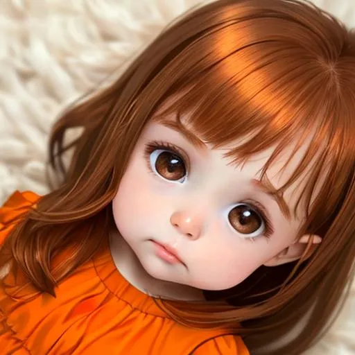 Prompt: baby  girl with very light auburn hair and big hazel eyes wearing a orange dress, closeup