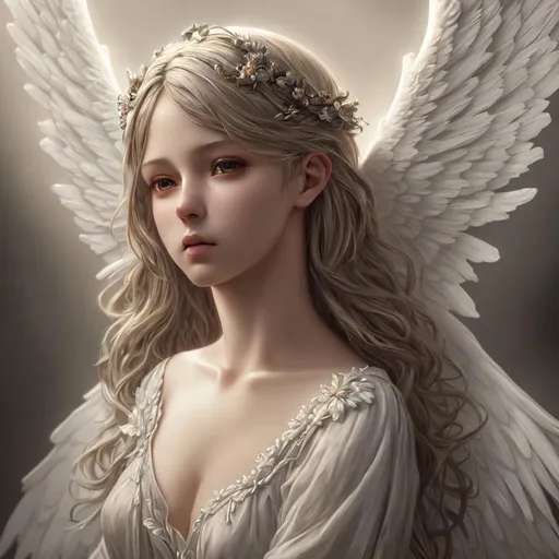Prompt: Hyperrealistic painting of an adult angel daytime, somber, 16k, highly detailed, exquisite , highly detailed, intricate details, adorable, beautiful, flawless, masterpiece, soft dramatic moody lighting, radiant aura, ultra high quality octane render, hypermaximalist