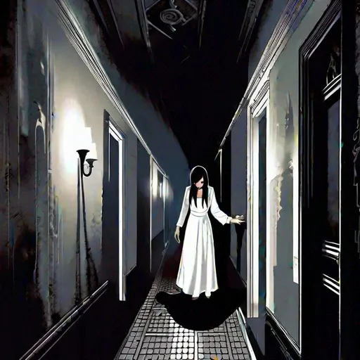 Prompt: concept art of a dark and steamy entity (((strangling the neck of a young girl))) in a corridor, the girl is highly realisting and wears a white nightdress and her face expresses fear and suffering, the entity is threatening, dark, gothic, perfect lightning, accurate anatomy, very fine details, intricate scene, symmetrical facial features, gloomy, highly realistic, trending on Artstation and Unreal Engine, 4K