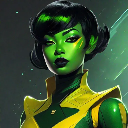 Prompt: an image of a young feminine miralan character. orion species from star trek, a green european female mandalorian, green skinned green girl with green skin, jet black lips, jet black lipstick, extremely short messy jet black bob undercut hair, bright yellow glowing eyes, moles, freckles, beauty marks, huge long hooked aquiline grecian nose. warrior wearing a jet black mandalorian armour in style of the mandalorian, green woman with green skin, in style of a star wars movie. green tan, revealed open green belly, reveals green skin, green arm, green legs, green torso, green neck, green shoulders, green hands, green feet, blushing cheeks, holding a mandalorian helmet under her armpit, mandalorian chestpiece, cape in the back falling over shoulders, 2d art. 2d. she-hulk