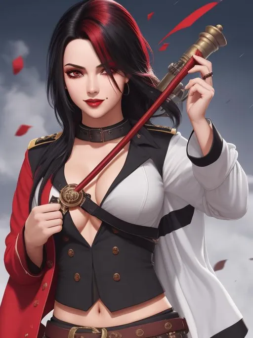 Prompt: ombre red-black hair, pirate captain, eyepatch, solo, mole under eye, happy, mole on body, fullbody, midriff, ((full body)) {{good looking}} {{cute}} {{good body}} {{tight}}, symmetrically colored hair, {{shadows}},
