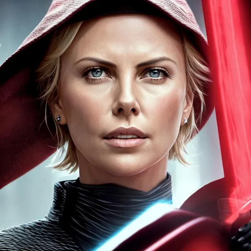 Prompt: Charlize Theron as a Sith Lord holding one red lightsaber, raining, highly detailed
