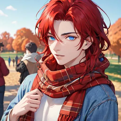 Prompt: Zerif 1male (Red side-swept hair covering his right eye, blue eyes), highly detailed face, wearing a cozy flannel shirt and a pair of stylish jeans. In the park, fall.  wearing a scarf, looking up at the sky, in a pumpkin patch, adult. Handsome,  detailed, UHD, HD, 4K, highly detailed, red haze, masculine, anime style