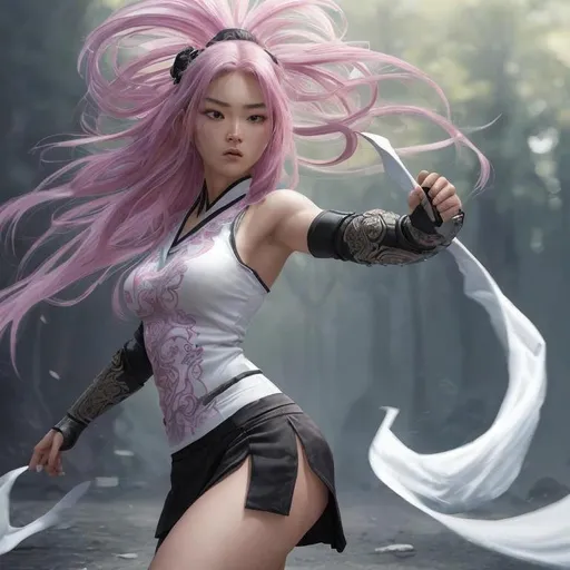 Prompt: Professional Photo Realistic Image of a hyper stylized martial artist beautiful perfect young East Asian Woman, perfect super cute face, absolute proportions, amazing body, intricate hyper detailed random color hair, intricate hyper detailed full body visible, lean feminine body, mythical ninja Assassin, wearing tight army uniform and short skirt, with panties slightly visible,

HDR, UHD, high res, 64k, cinematic lighting, special effects, hd octane render, professional artist, studio lighting,

by Artstation illustrators, by DevianArt illustrators, intricate details, face,  full body portrait, headshot, illustration, UHD, 4K