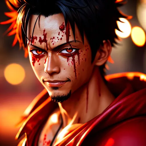 Prompt: Blood-soaked luffy d. monkey, Highly Detailed, Hyperrealistic, sharp focus, Professional, UHD, HDR, 8K, Render, HD, Trending on ArtStation, bokeh, outdoor, close up, one piece, evil, dramatic, dramatic lighting,