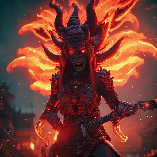 Prompt: female Oni vampire red fire burning around it, pretty face,  playing electric guitar, heavy metal guitar, purple magic smoke flowing in the air, scary background creepy and evil, scary monk monastery, intricate detail, cinematic lighting, octane render, 8k render volumetric lighting, realistic, rule of third's composition.