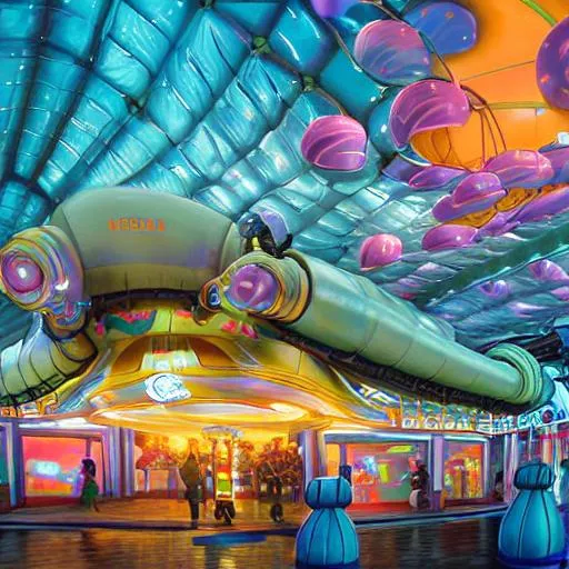 Prompt: a puffy inflated amusement park made out of fat seamless alien isopods, in the style of an aerodynamic obese robot, overgrown with thick orchids, partly cloudy, somber, dramatic lighting, by dan mumford, yusuke murata, makoto shinkai, ross tran, cinematic, unreal engine, cel shaded, featured on artstation, pixiv with an alcoholic theme