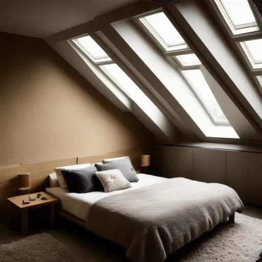 Prompt: cozy brutalist architecture bed room with lots of natural light coming from skylight

