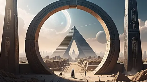 Prompt: small circular portal in the distance, gateway between cities realms worlds kingdoms, ring standing on edge, freestanding ring, hieroglyphs on ring, complete ring, obelisks, pyramids, futuristic towers, large wide-open city plaza, city vista view, futuristic cyberpunk dystopian setting