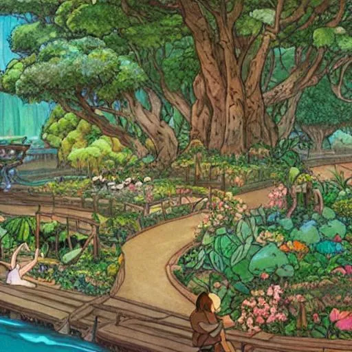 Prompt: Garden of eden illustrated realistically in studio ghibli animation