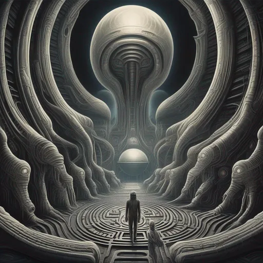 Prompt: Retro futurism, giger style horrors, distant planet, people exploring collosal extraterrestrial labyrinth
