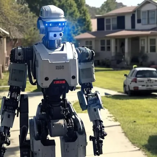 Prompt: Robot with guns invading house shooting at Swat