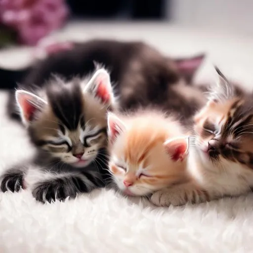 Prompt: kittens sleeping on a white carpet
