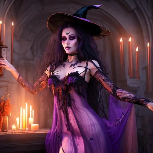 Prompt: witch wearing a sheer purple and orange dress bewitching a man under her spell, cinematic, realistic, 64k, life-like, spooky, 3D,UHD

