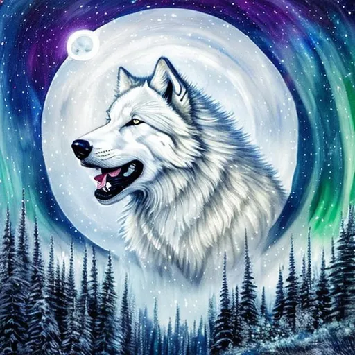 Prompt: An awe-inspiring portrayal of a majestic white wolf graces the canvas in a watercolor painting style. The first illustration captures the wolf howling at the moon amidst a starry sky, emanating a sense of mystique. In another illustration, the wolf dashes through a snowy forest, guided by the mesmerizing northern lights. The artwork portrays the wolf as a king of nature's beauty, presented in a remarkably realistic manner, with its fierce eyes capturing the essence of wildness and grace.

The white wolf is not alone; it belongs to a pack, which is depicted in a stunning watercolor painting. This mystical wolf pack conveys a sense of unity and strength. The wolf's spirit is evident throughout, whether it's depicted in the wild, under the night sky, or amidst the snow. Each scene beautifully showcases the wolf's breath, adding an element of mystification to the artwork.