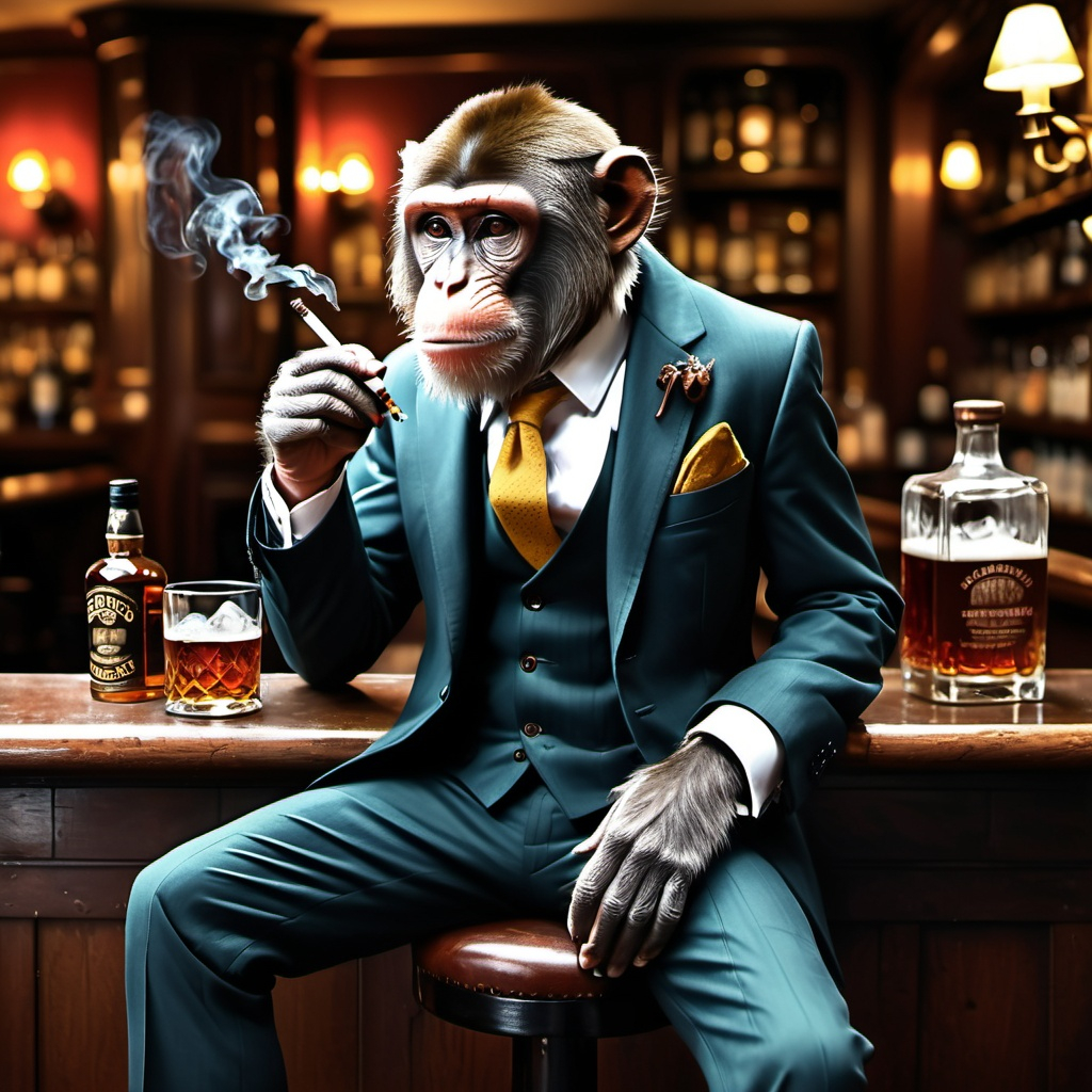 Monkey in a 3 piece suit sitting on stool in English...