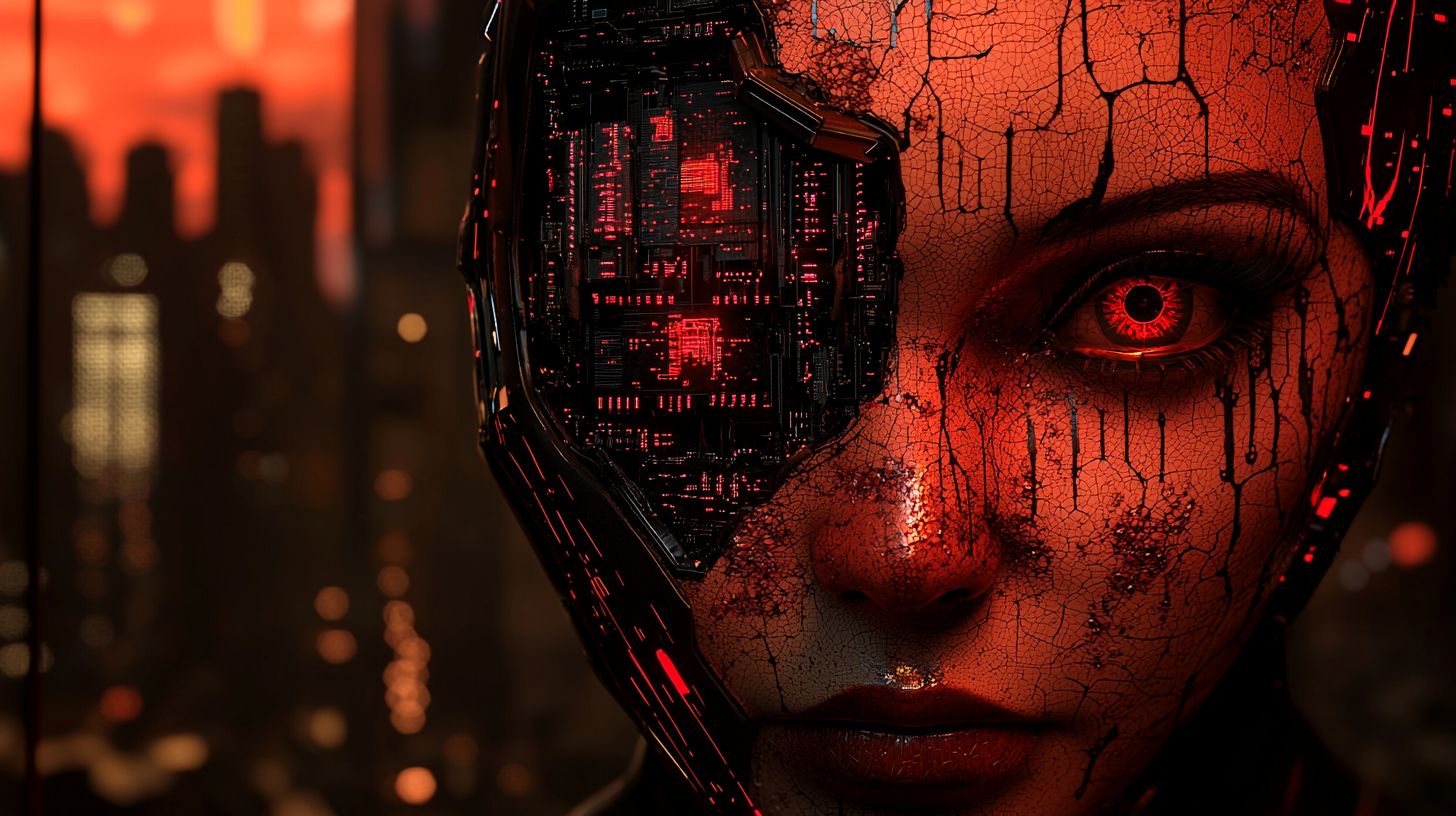 Prompt: Wide ratio red shift render capturing a close-up of an anthropomorphic female's face, her features displaying the intricacies of transhuman design. As she appears to be breaking apart, an amalgamation of embers and algorithmic patterns emerge, with a backdrop of a city building and glowing GPU terminals.