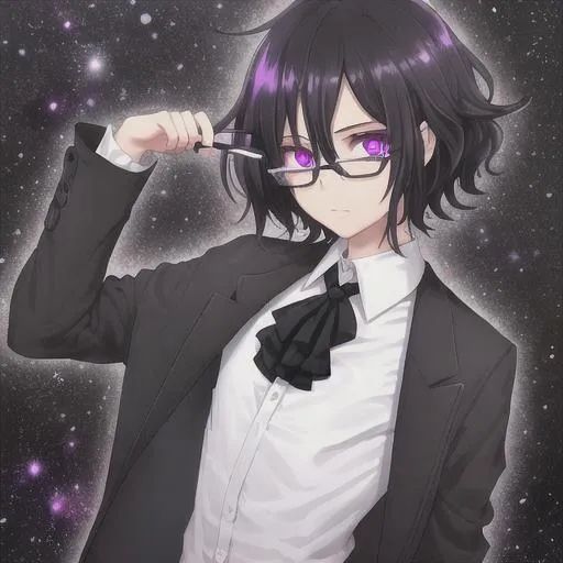 Prompt: Medium length matte black hair, nonbinary, universe purple eyes, thin small build, glasses, Russian, cute, white button up shirt, nonbinary