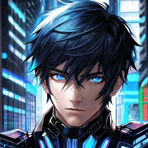 A anime boy that haves black hair and blue eyes and