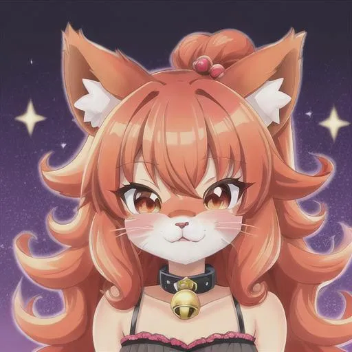 Prompt: gacha game style, anthropomorphic furry, adorable kitten, vibrant red eyes, cute furry, curly hair, anthro furry, bell collar, face stickers, sparkles, cute