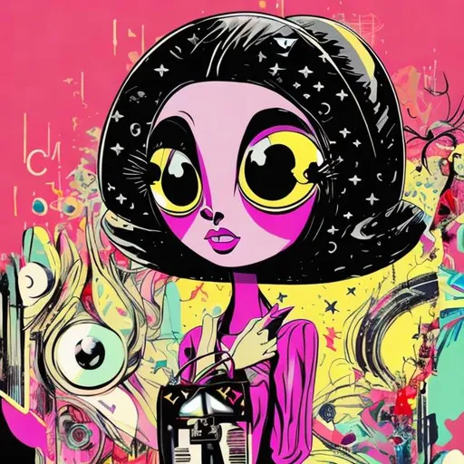 Prompt: Beautiful alien with big eyes and long eye lashes and big lips, wearing designer clothes and holding a Louis Vuitton purse, pop art style, cinematic, simple background 