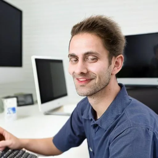 Prompt: satisfied Software developer sitting in front of a computer