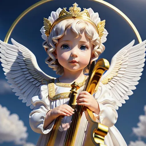 Prompt: {center shot} 3D, HD, Holy, Dreamy, Serene, Cute!!!!({Biblical Angel}Toddler!!! as Harpist) {facing camera} dressed in {Silk Angel outfit}, Expansive Cloudy Heavenly background, ultra-detailed, backlit, shadows, ultra-sharp focus, detail, ominous, golden ratio, intricate, cinematic character render, unreal engine 5, 64K --s98500