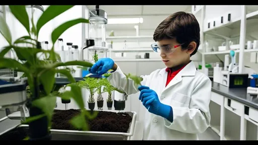 Prompt: a kid with lab coat in a plant lab engaging with soil experiment
