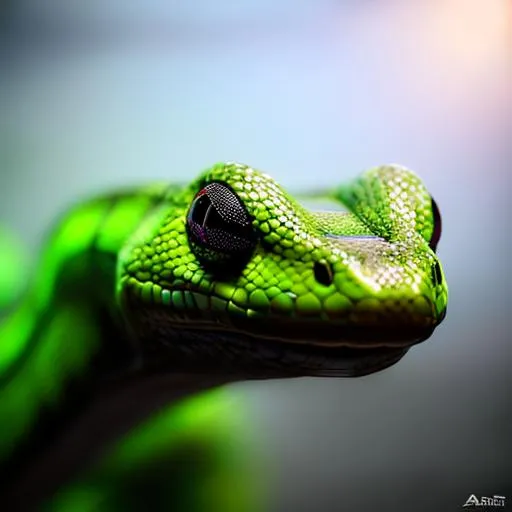 Prompt: a face shot of a twelve-foot fantasy snake with black and green markings and red eyes purple aura and a dragon-like face, very glossy and shiny, reflective, perfect composition, hyperrealistic, super detailed, 8k, high quality, trending art, trending on artstation, sharp focus, studio photo, intricate details, highly detailed, Trending on Artstation, Cozy wallpaper, Pastel colors, soft lighting