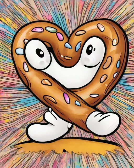 Prompt: A cute cartoon pretzel ink drawing with a smiling face, rosy cheeks and little hands and feet shown twisting itself into a pretzel shape. Rendered in bouncy hand-drawn lines against a colorful splatter paint background. The mood is playful and cheerful. 