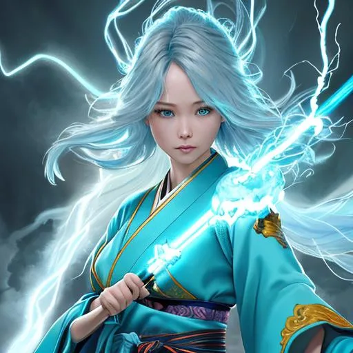 Prompt: oil painting, UHD, 8k, Very detailed, panned out, female lightning elemental with flesh that is bluemade of lightning, visible face she is made of lightning, she has flowing hair lighting coming from it, she wears a turquoise Japanese hanbok, a turquoise cloth across her chest, she hold a hammer which lightning is radiating from it, 