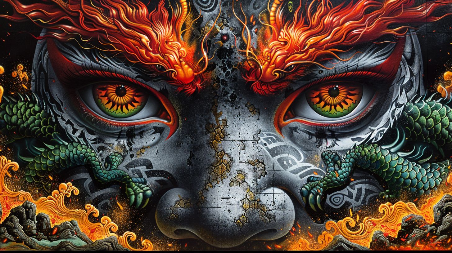 Prompt: intense representation of a fiery monster and a captivating face, depicted in graffiti mural essence, spanning in a panoramic view, adorned with traditional ndebele motifs, primarily in shades of green and black, with subtle hints of meiji art, captured in a broad sheet film aspect ratio --ar 16:9 --sref https://s.mj.run/hn7puXplVpg --stylize 1000
