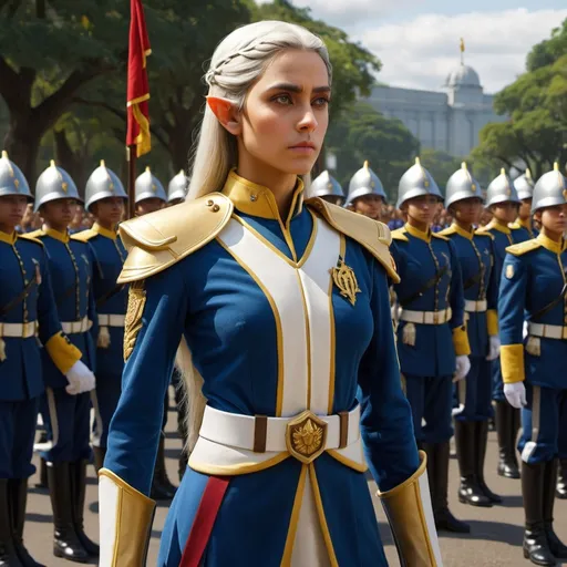 Prompt: Major Dalanthan is a female elf who is the superintendent of the Imperial military academy. Make sure she looks like a high elf blend of Caucasian and Latin American features. She usually appears stern and serious. Show her in a military pose, standing at parade rest. The colors of the academy are blue, silver, and gold.