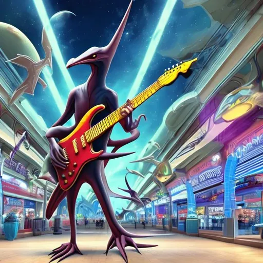 Prompt: Pterosaur playing a double-necked Guitar for spare change in a busy alien mall, widescreen, infinity vanishing point, galaxy background, surprise easter egg