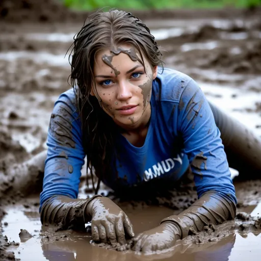 Prompt: photo of woman, laying down in the mud, muddy blue tight long sleeved t-shirt, muddy black tight long leggings, muddy white sneakers muddy, enjoying, dripping, muddy detailed face, muddy hair, detailed soaked and wet fabric texture, professional, high details
